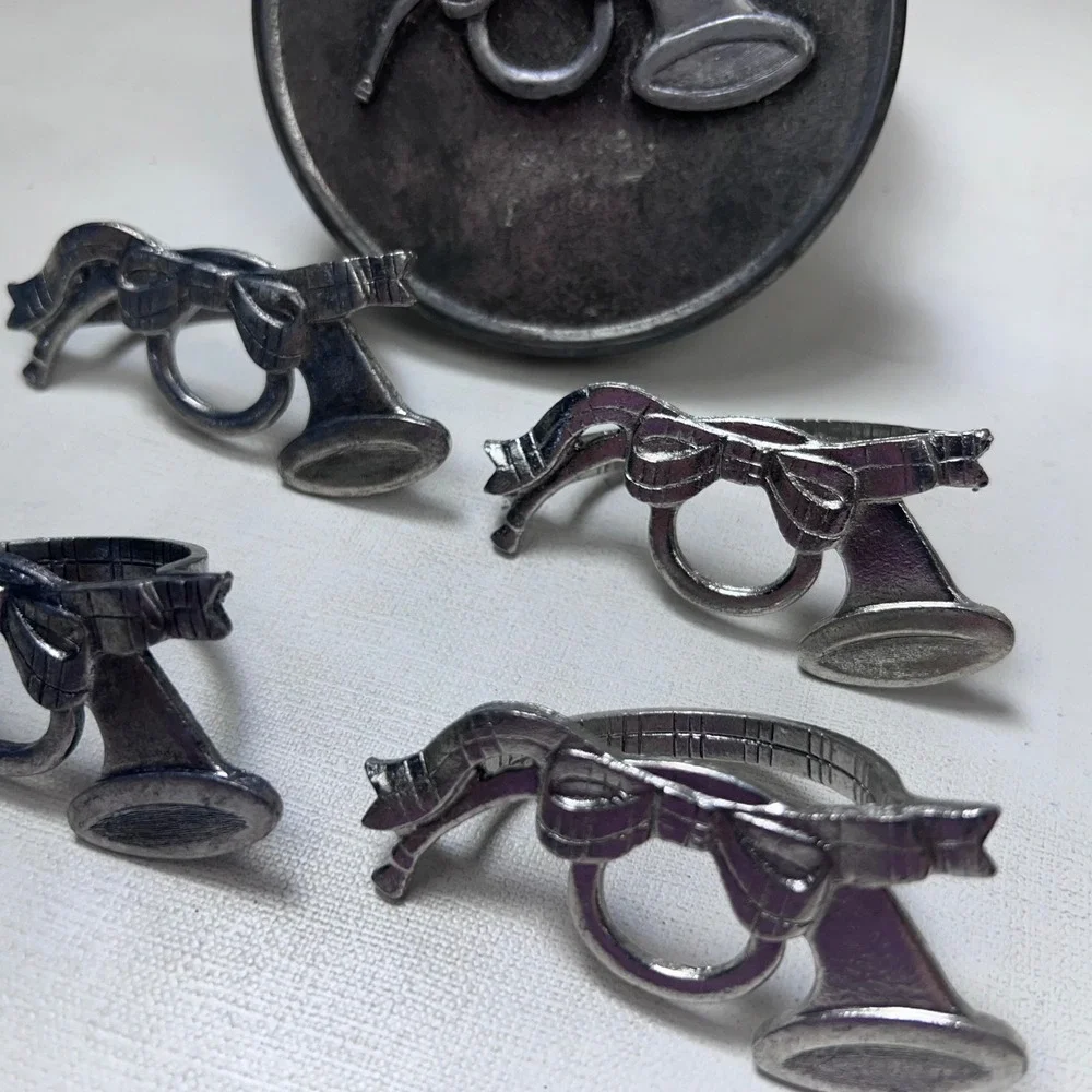 Vintage 1986 MET Pewter Napkin Rings Set of 4 French Horn Bow with Tin Silver